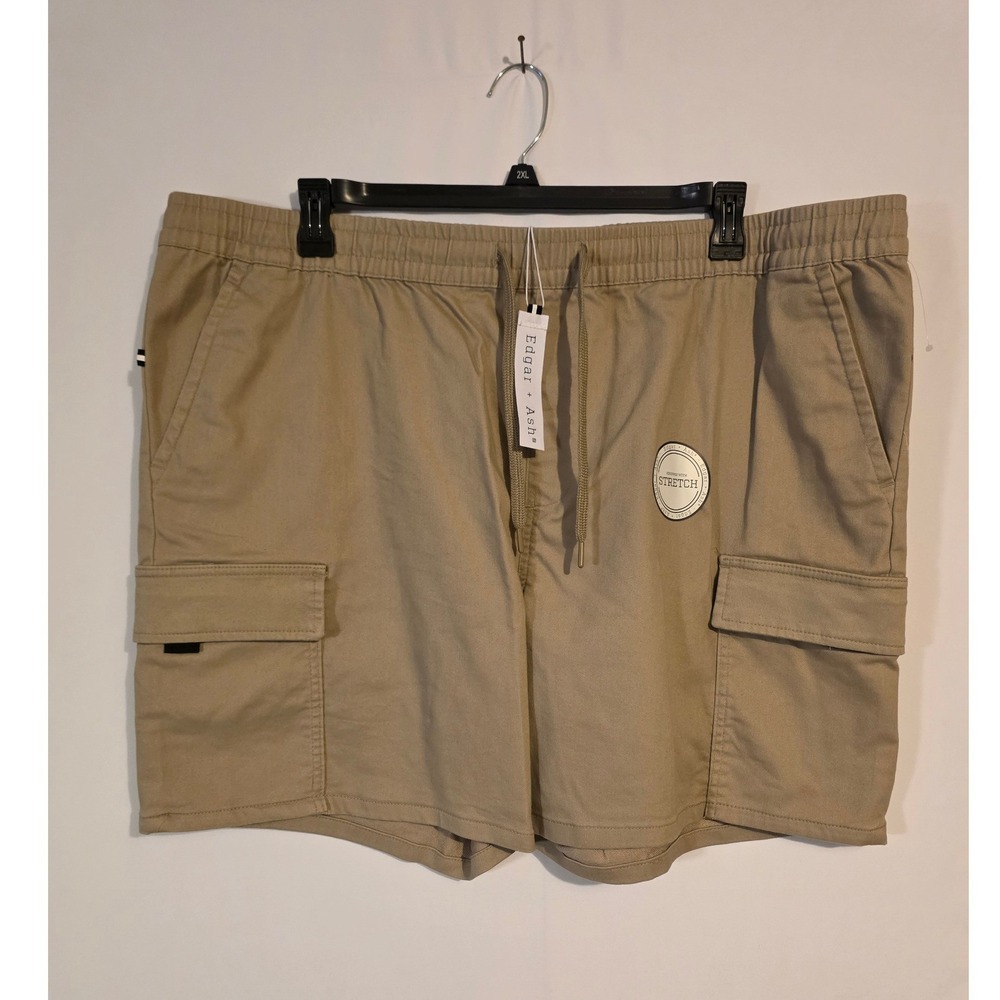 Edgar + Ash Mens 2XL Khaki Stretch Cargo Shorts Elastic Waist Drawstring Tan NEW